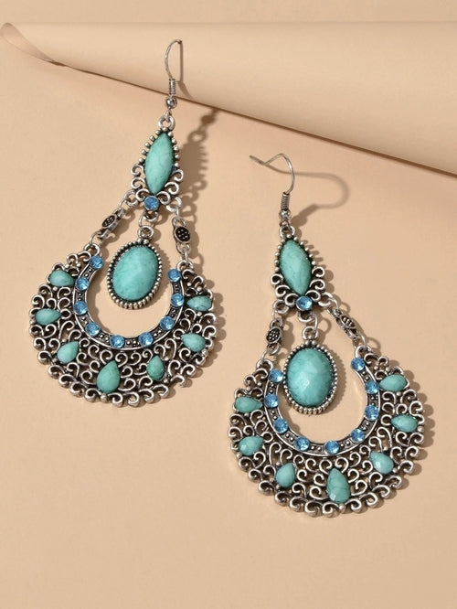 Bohemian Tribal Ethnic Antique Silver Rhinestone Hollow Water Drop Earrings
