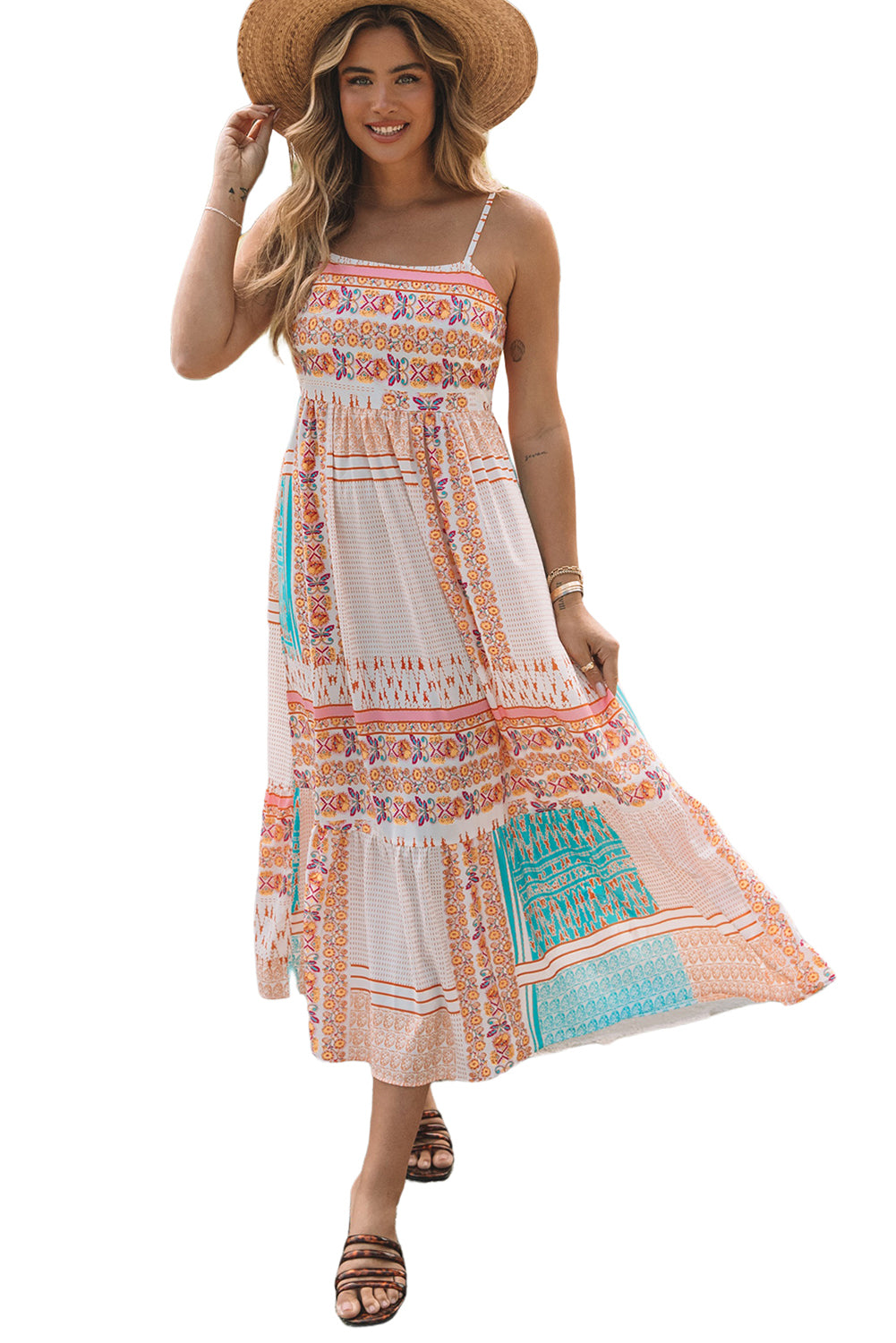 Women's Multicolor Boho Patchwork Print Square Neck Sundress