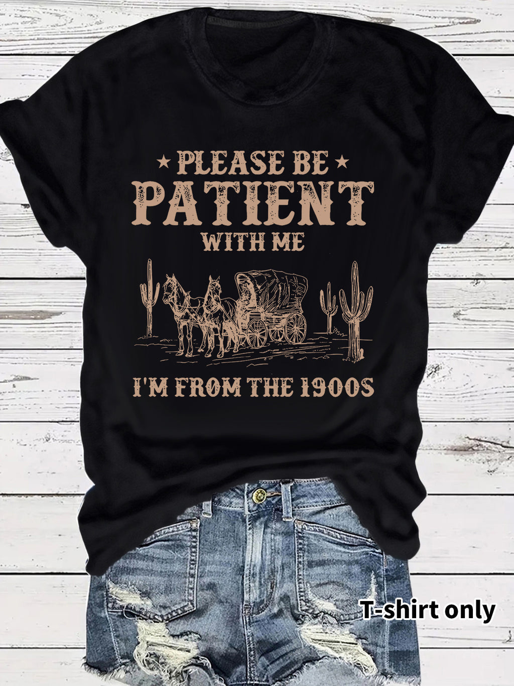 Western denim pattern round neck short sleeved T-shirt