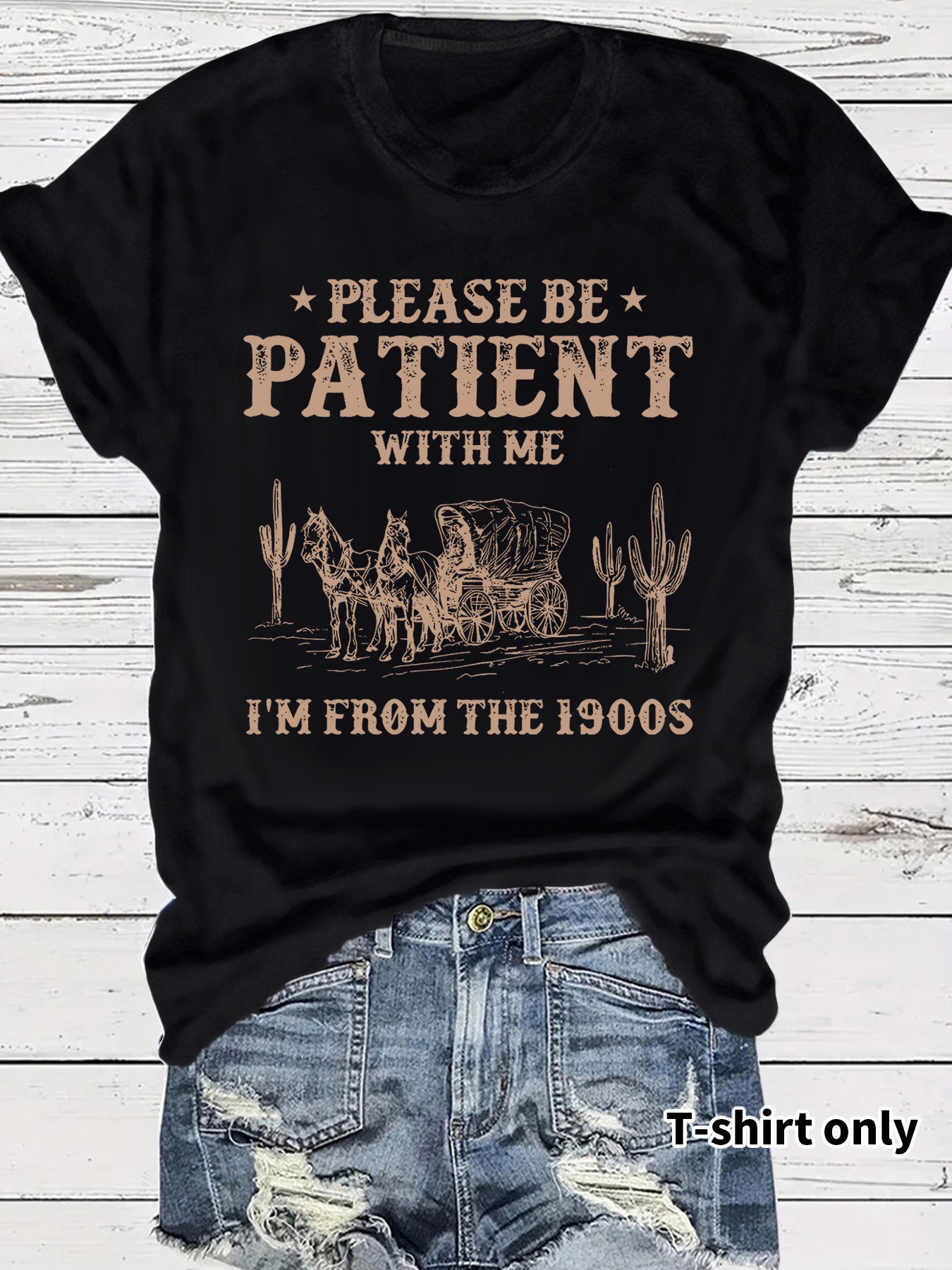 Western denim pattern round neck short sleeved T-shirt