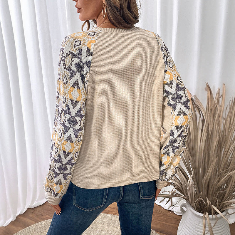 Ethnic Print Long Sleeve Round Neck T-Shirt