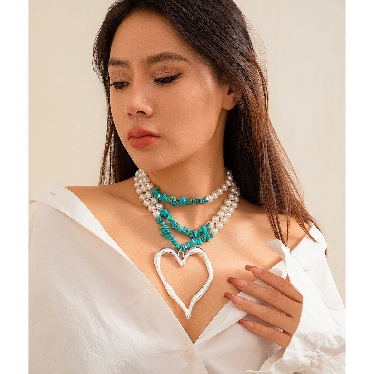 European and American retro multi-layered big love turquoise necklace niche beaded imitation pearl jewelry