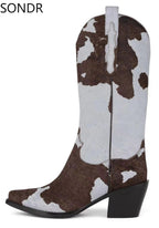Women's Western Pointed Toe Real Horse Fur Mid Calf Boots Chunky Heel Genuine Leather