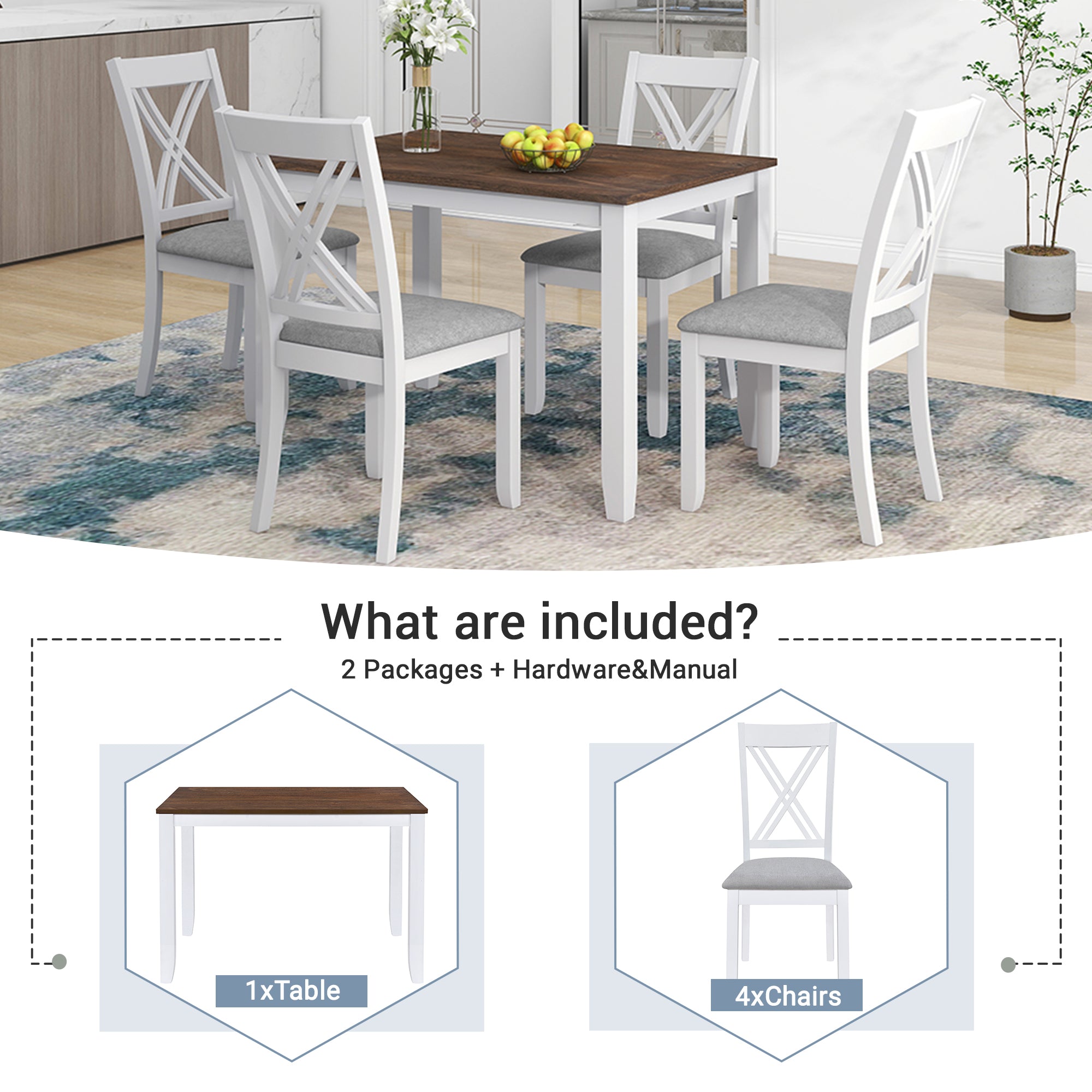 Rustic Minimalist Wood 5-Piece Dining Table Set with 4 X-Back Chairs for Small Places  White
