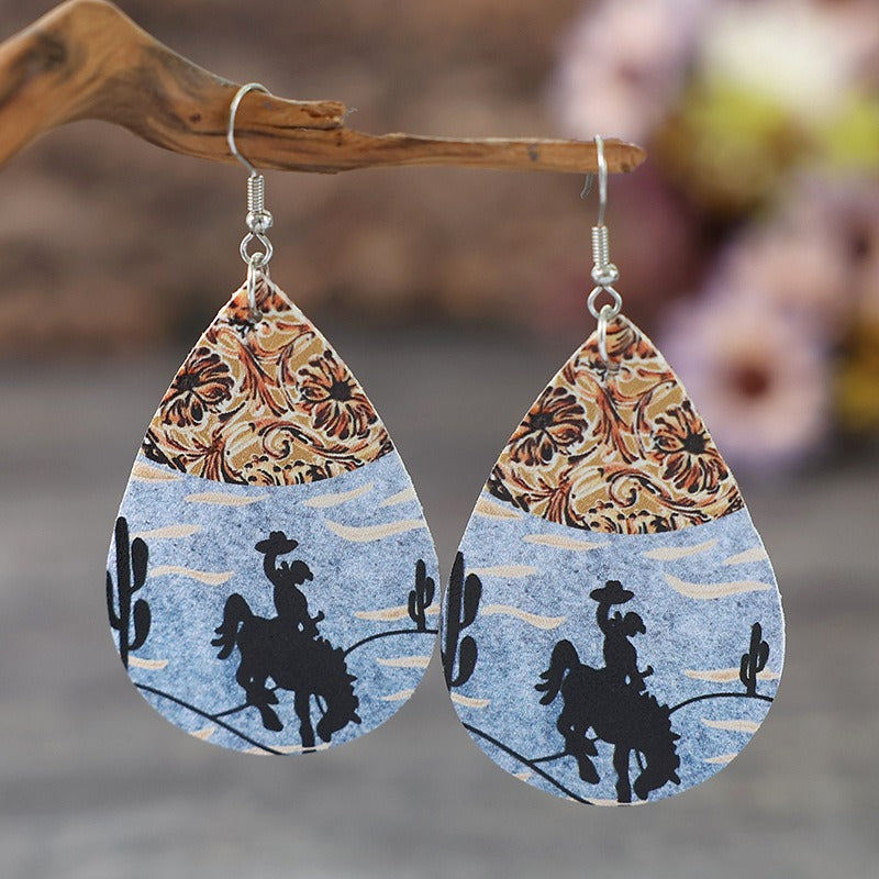 Western Style Horse Riding Denim Color Matching Double Sided Leather Earrings