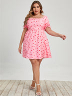 Pink Commuter Square Collar Plus Size Women's Love Printed Dress