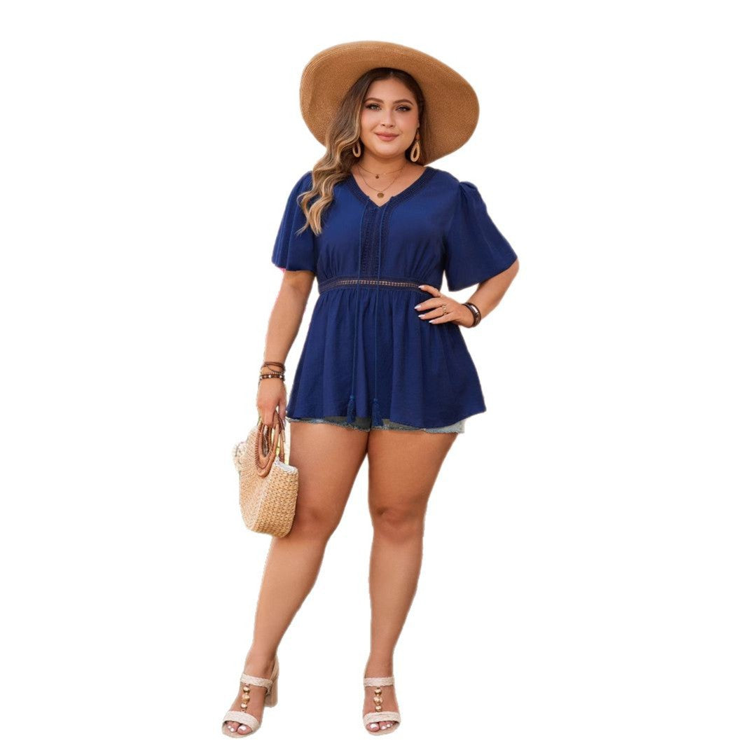 Women's Casual Loose Short Sleeve Top V-Neck Short Sleeve High Waist Printed Top