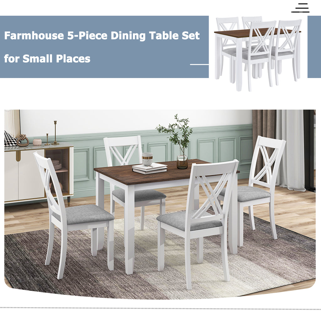 Rustic Minimalist Wood 5-Piece Dining Table Set with 4 X-Back Chairs for Small Places  White