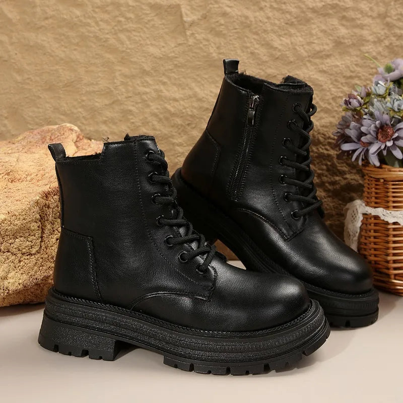 Women's thick -soled boots fashion ladies ankle boots Women's leather round head -lap combat boots black thick solid shoes