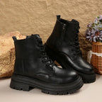 Women's thick -soled boots fashion ladies ankle boots Women's leather round head -lap combat boots black thick solid shoes