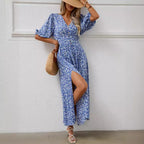 V-neck lantern sleeve waist cinched dress for beach vacation, Bohemian style beach dress