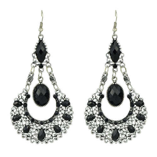 Bohemian Tribal Ethnic Antique Silver Rhinestone Hollow Water Drop Earrings