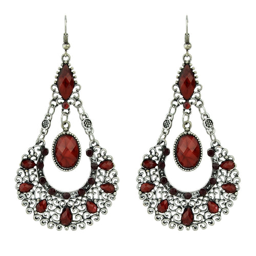 Bohemian Tribal Ethnic Antique Silver Rhinestone Hollow Water Drop Earrings