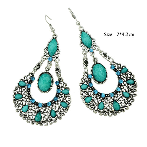 Bohemian Tribal Ethnic Antique Silver Rhinestone Hollow Water Drop Earrings