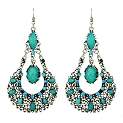 Bohemian Tribal Ethnic Antique Silver Rhinestone Hollow Water Drop Earrings