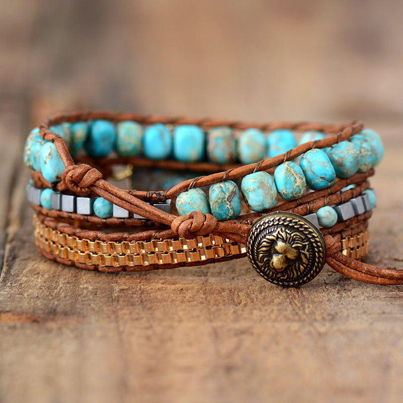 Boho Cut Corner Turquoise Bracelet Jewelry Triple Wrap Hand Braided Leather Cord Bracelet
