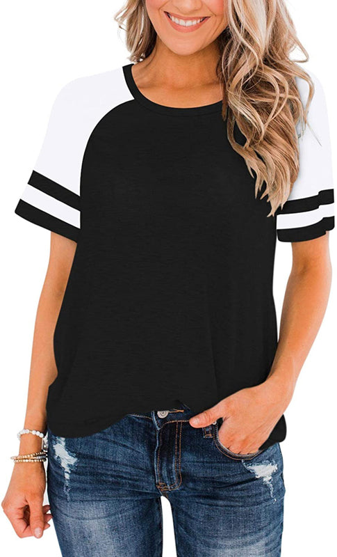 T-Shirt Summer Round Neck Short Sleeve Striped Contrast Color Loose Plus Size