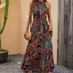 Women's printed retro neck hanging bohemian dress for women
