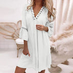 V-Neck Printed Lace Stitched Bohemian Dress
