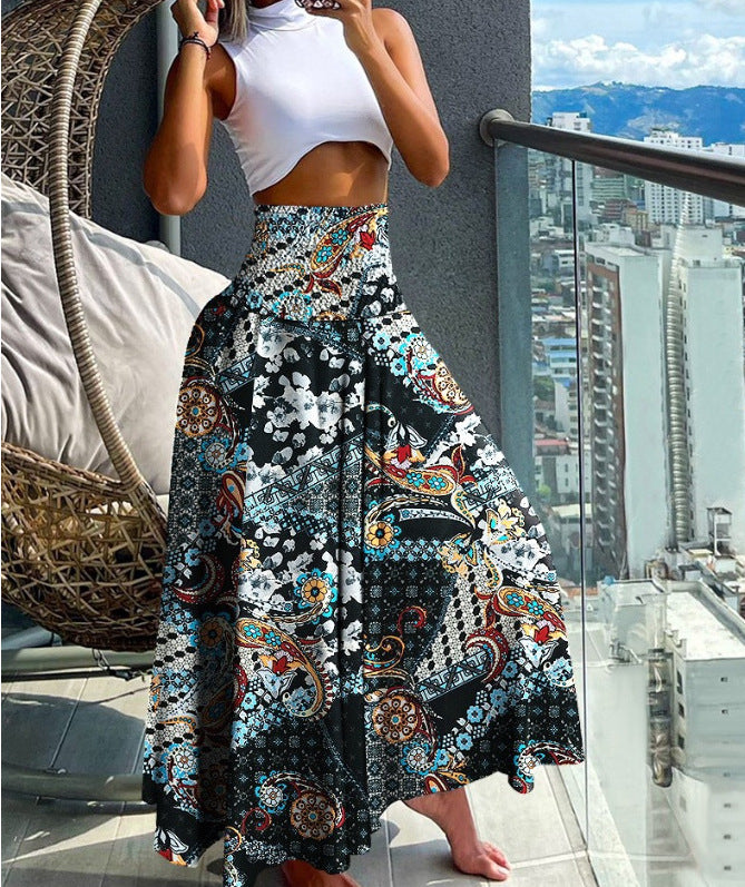 Women's Beach Boho Print Skirts Elastic High Waist