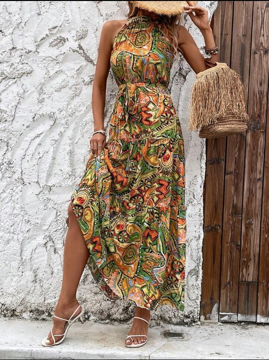 Women's printed retro neck hanging bohemian dress for women