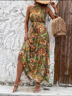 Women's printed retro neck hanging bohemian dress for women