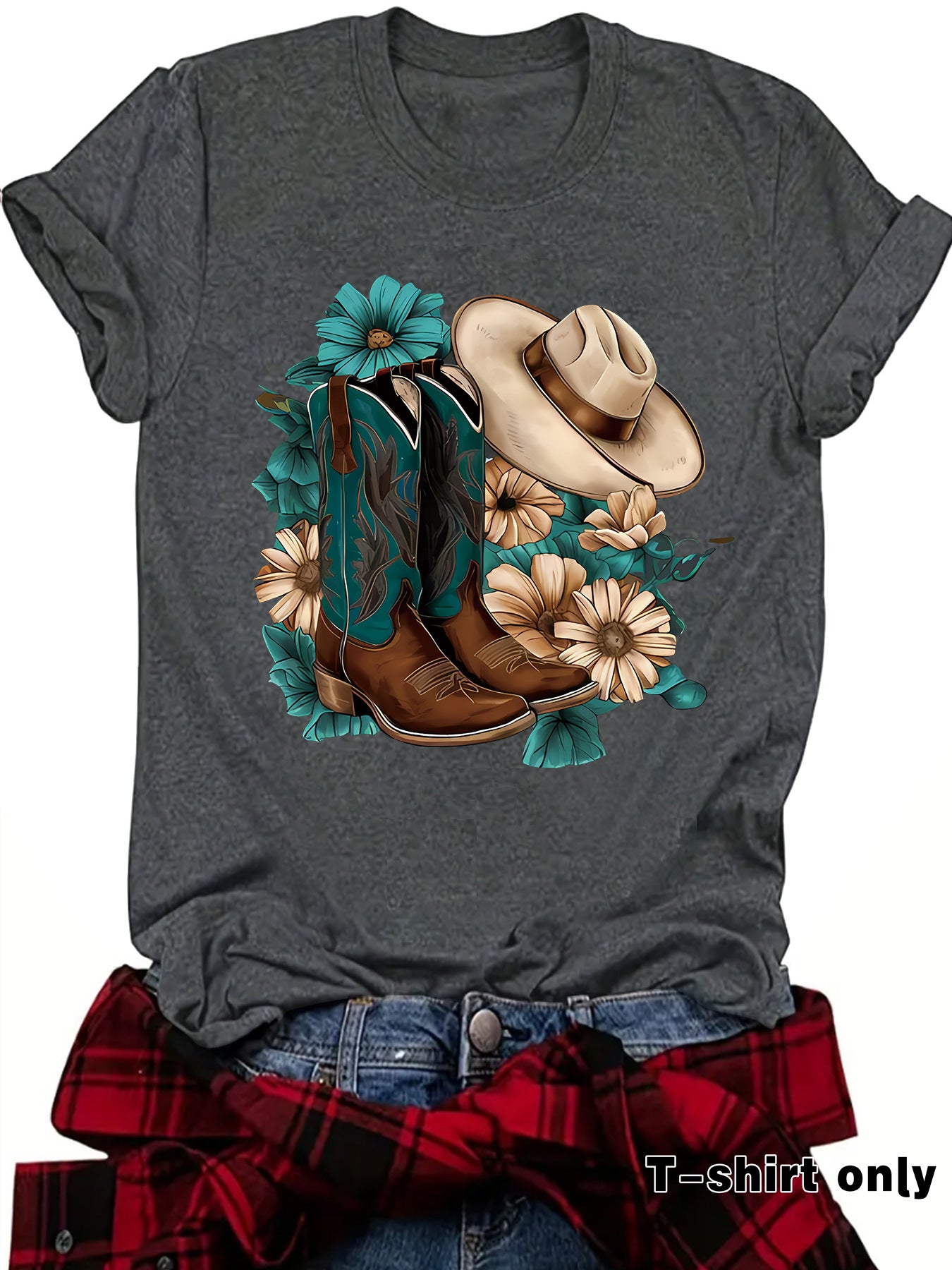 Western Short sleeved women's t-shirt with boots & hats