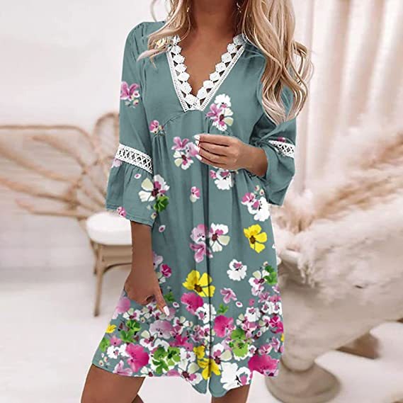 V-Neck Printed Lace Stitched Bohemian Dress