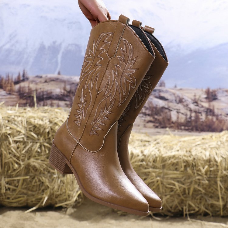Vintage Tribal Pattern Chunky Heel Ankle Boots for Women with Embroidery Round Toe Boots
