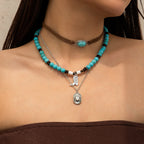 Vintage imitation turquoise collarbone chain niche bead necklace set ethnic style cactus necklace
