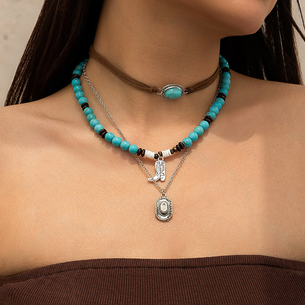 Vintage imitation turquoise collarbone chain niche bead necklace set ethnic style cactus necklace