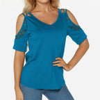 Women's Off The Shoulder T Shirt Summer New Chic Simple Solid Color V-Neck Lace Short Sleeve Plus Size Casual Clothes Y2k Top