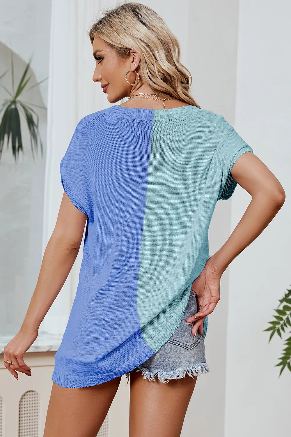 Women's Loose V-neck short sleeved plus size knitted sweater