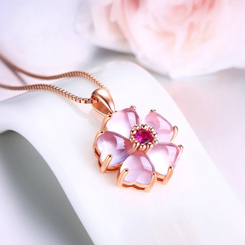 Moonstone Crystal Pink Flower Pendant Necklace Rose Gold