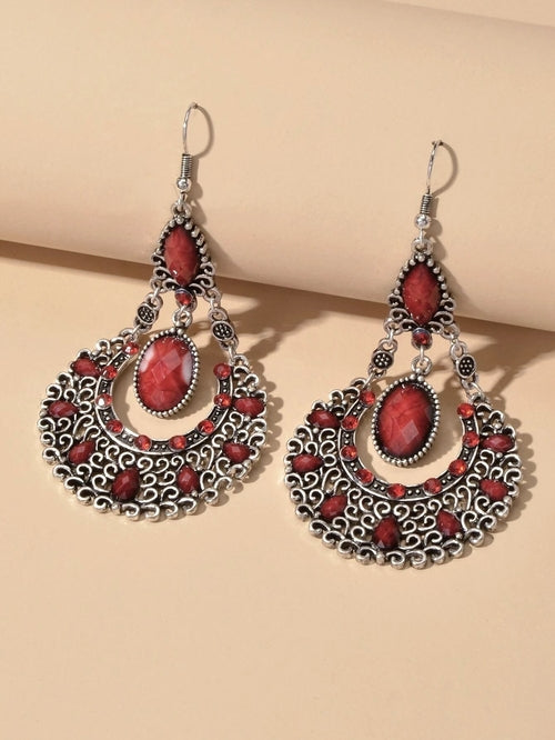 Bohemian Tribal Ethnic Antique Silver Rhinestone Hollow Water Drop Earrings