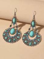 Bohemian Tribal Ethnic Antique Silver Rhinestone Hollow Water Drop Earrings