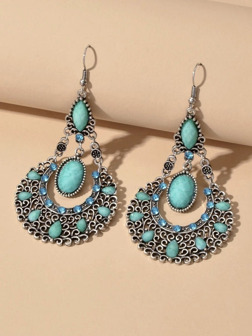 Bohemian Tribal Ethnic Antique Silver Rhinestone Hollow Water Drop Earrings