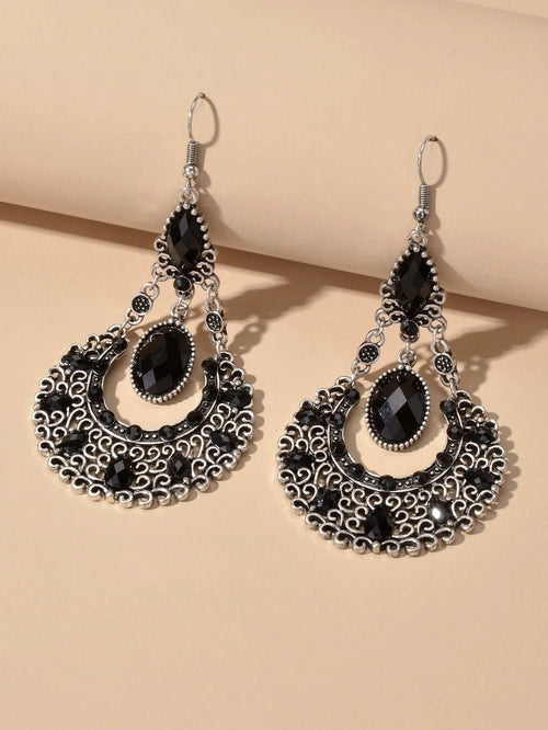 Bohemian Tribal Ethnic Antique Silver Rhinestone Hollow Water Drop Earrings