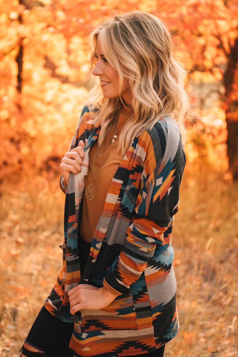 Western Tribal Aztec Print Cardigan Orange