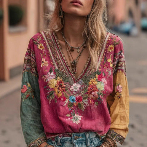 Women's casual vintage bohemian V-neck top ethnic style long sleeve