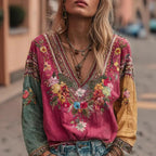 Women's casual vintage bohemian V-neck top ethnic style long sleeve