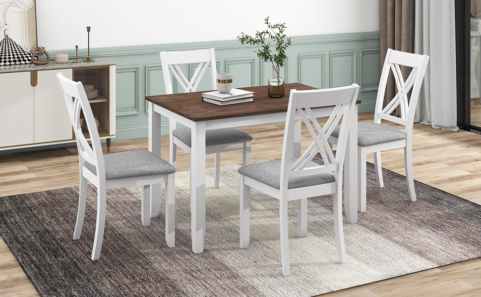 Rustic Minimalist Wood 5-Piece Dining Table Set with 4 X-Back Chairs for Small Places  White