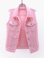 Women's Button Down Raw Hem Sleeveless Denim Jacket Vest
