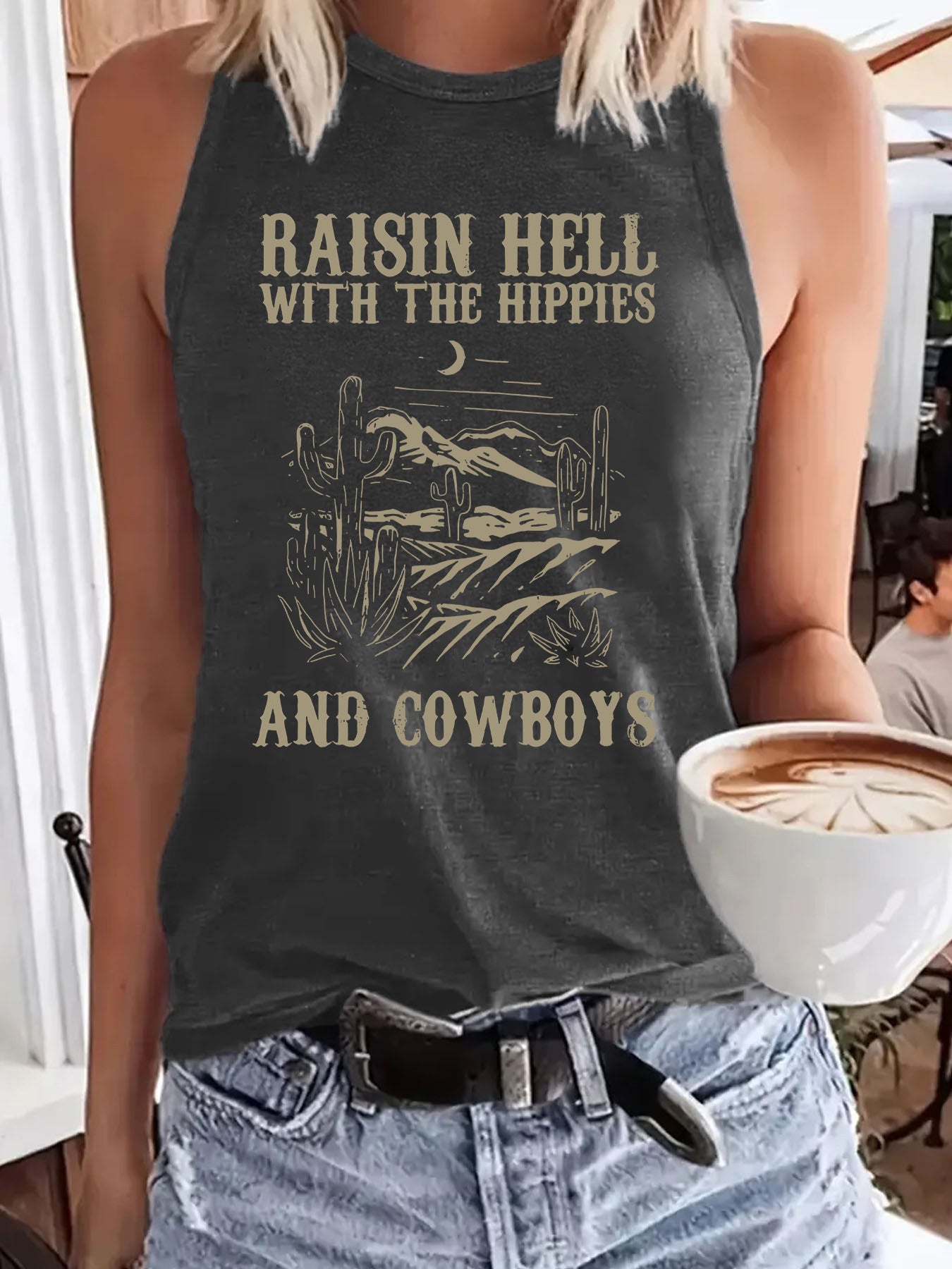 Western denim printed tank top