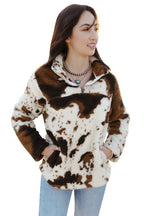 Zip Collar Cow Print Fleece Sweatshirt
