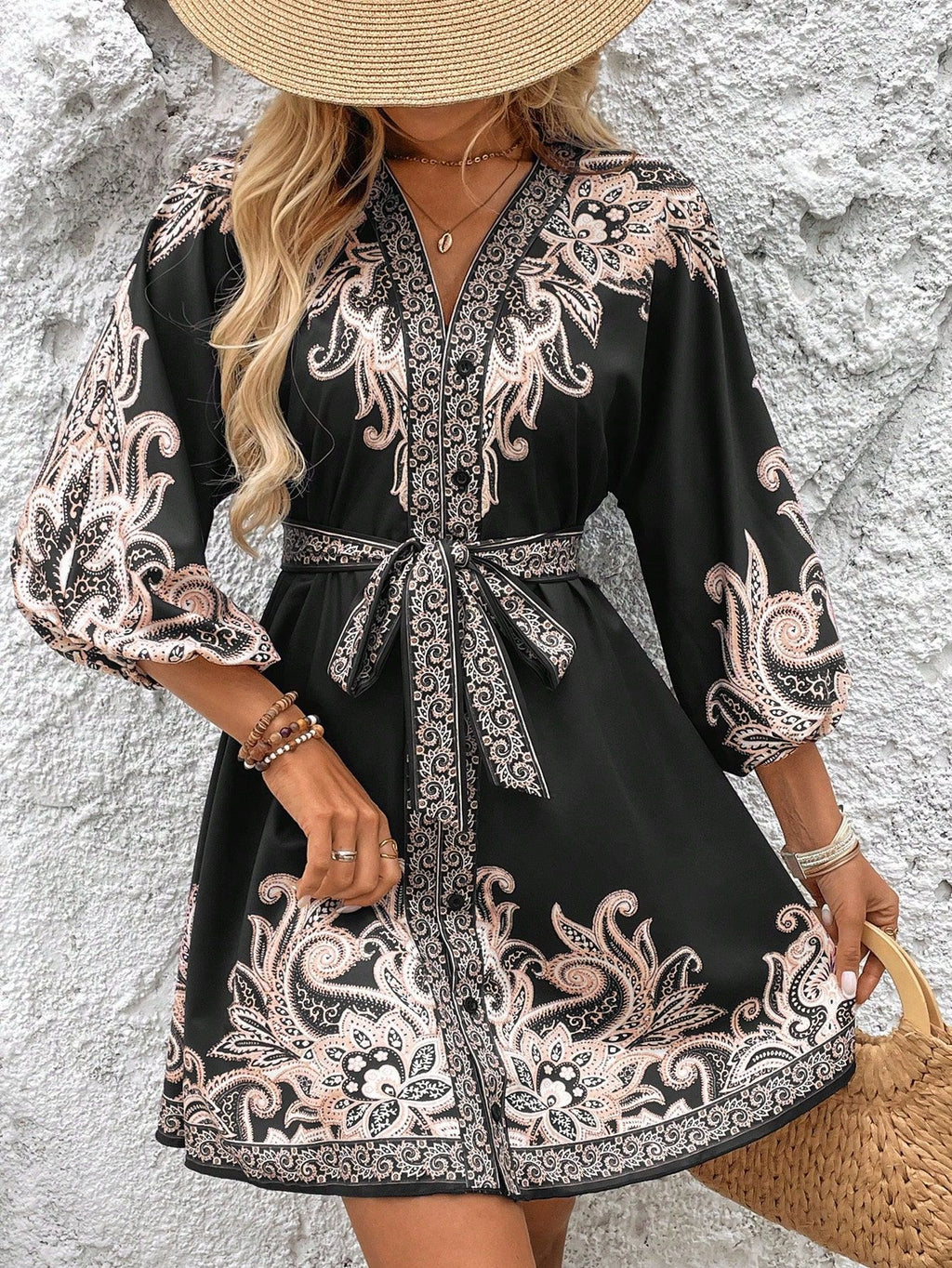 Mid-Sleeve Tie-Strap Bohemian Print Dress