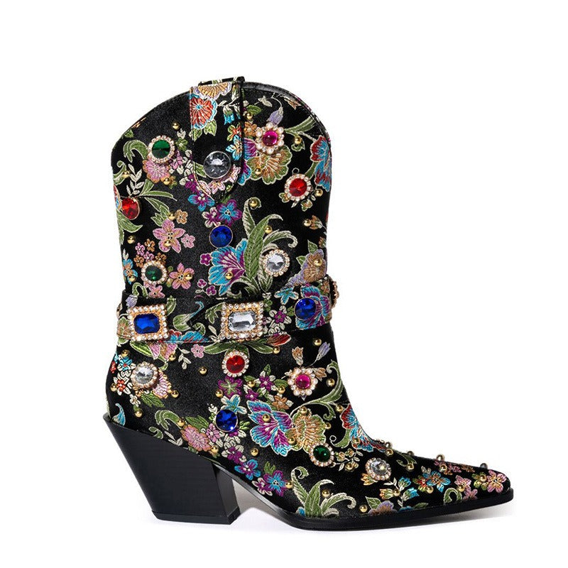 Designer Women's Gemstone-embellished Cowboy Boots Wedge Heel Floral Short