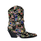 Designer Women's Gemstone-embellished Cowboy Boots Wedge Heel Floral Short