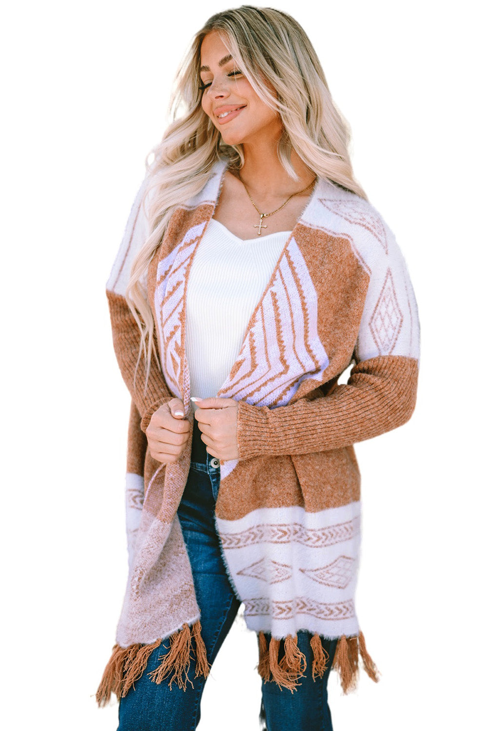 Women's Brown Western Furry Knit Tassel Hem Cardigan