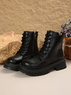 Women's thick -soled boots fashion ladies ankle boots Women's leather round head -lap combat boots black thick solid shoes